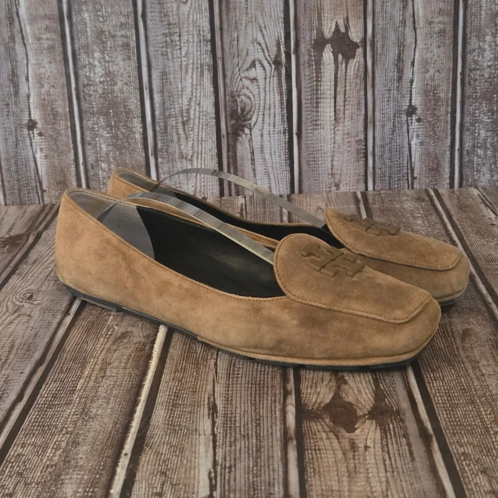 Sz 10.5 M Womens Tory Burch Fitz Brown Suede Square Toe Loafers Flats Shoes
